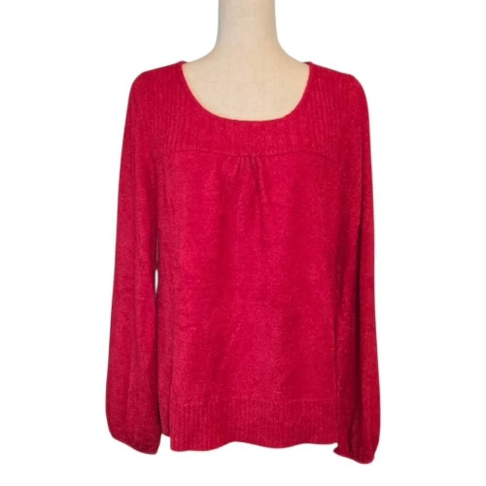 Worthington Red Metallic Knit Sweater L Scoop Neck Blouson Sleeve Holiday Top